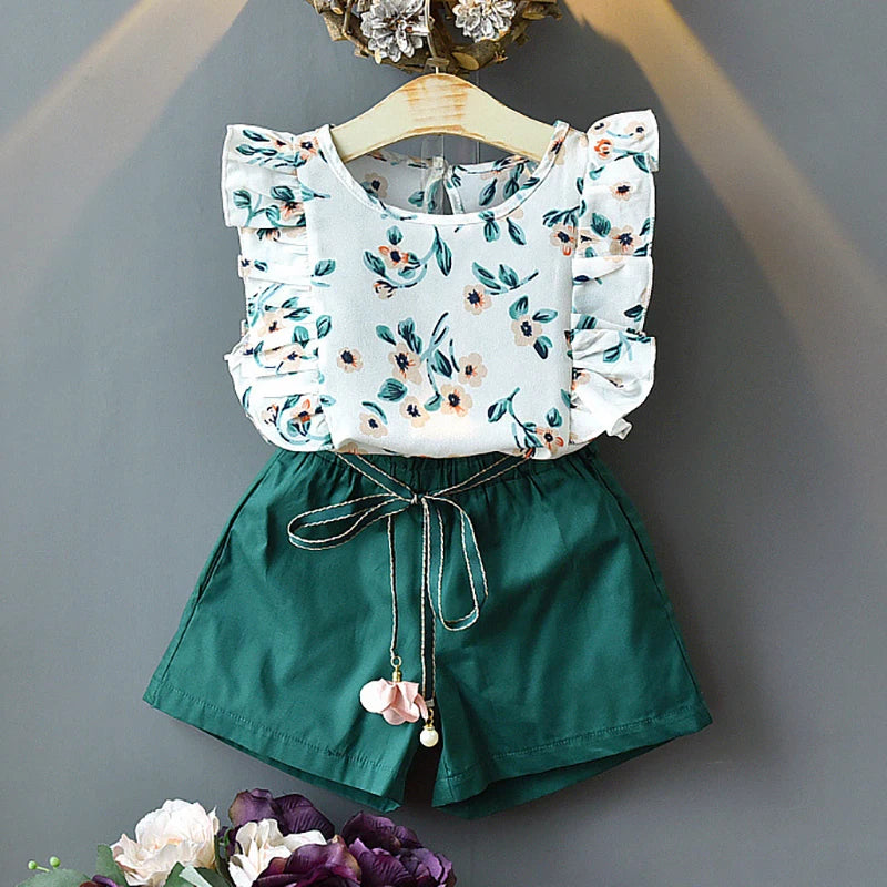 Girls 2PCS Sets Chiffon Flower Print Set 12M-  4T