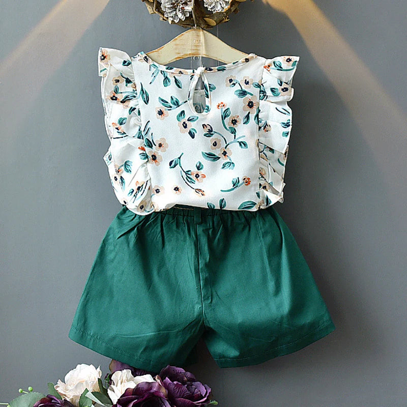 Girls 2PCS Sets Chiffon Flower Print Set 12M-  4T