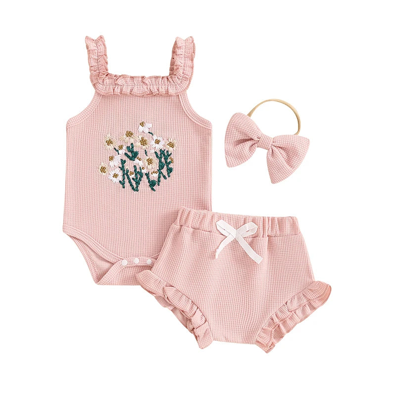 Flower Embroidered Sleeveless Romper Set With Headband