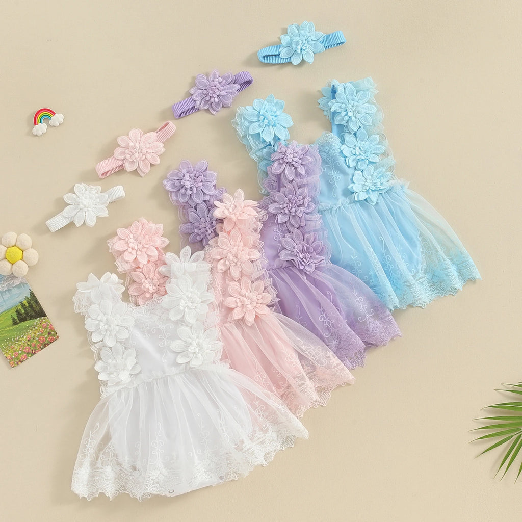 Baby Girl Floral Lace Jumpsuits with Head Band