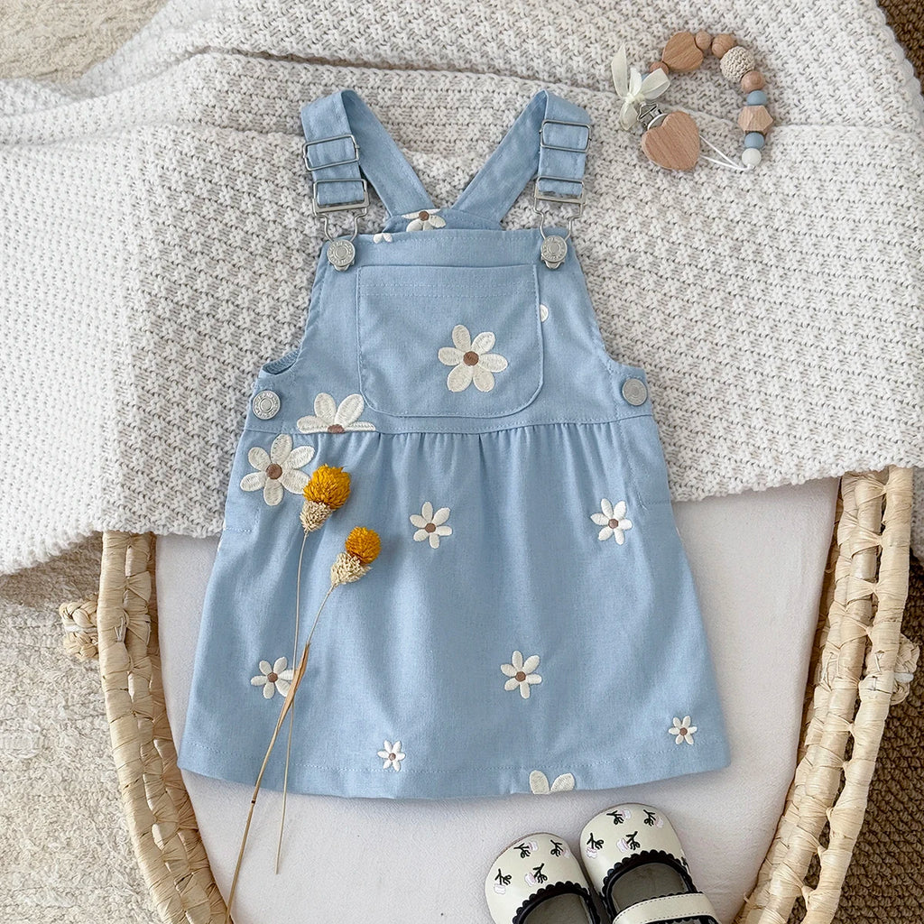 Flower Embroidery Strap Dress With Pockets 6M- 3T