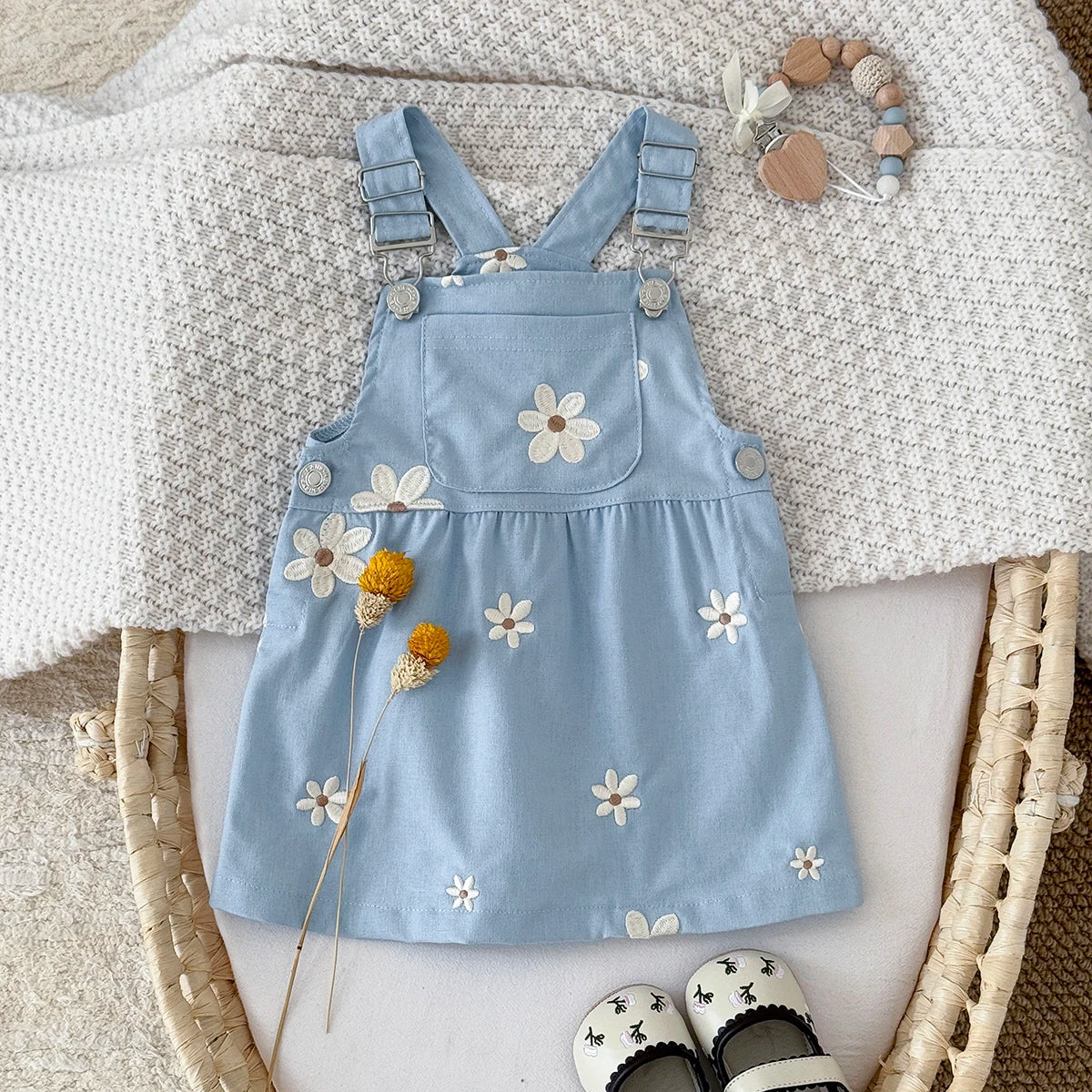 Flower Embroidery Strap Dress With Pockets 6M- 3T