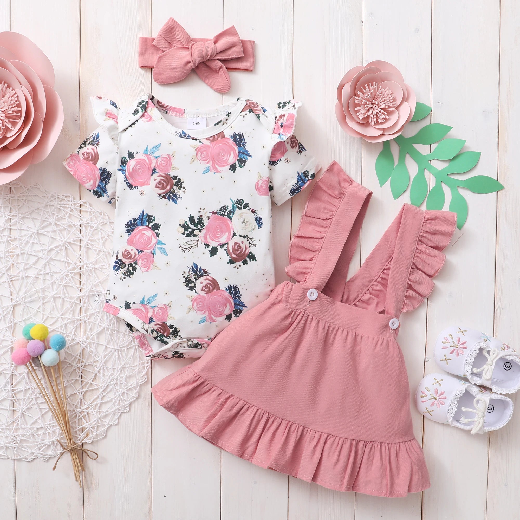 Baby Girl Dress Short Sleeves Floral Bodysuit + Suspender Skirt + Headband 3PCS Outfit