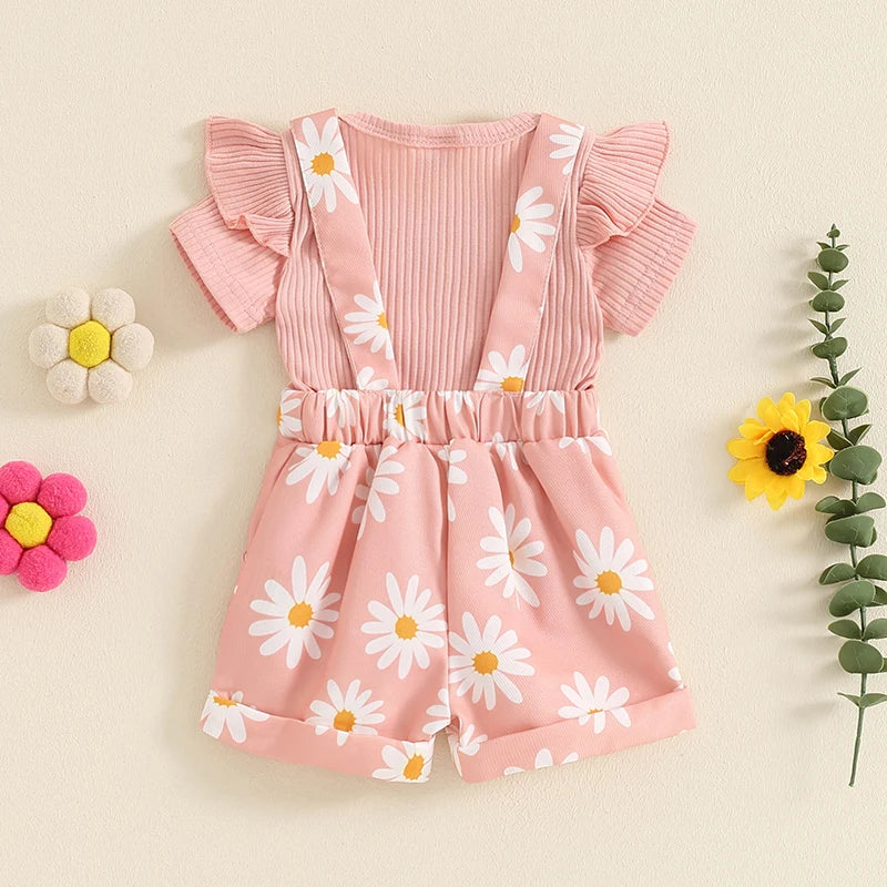 Girls Short Sleeve Romper with Flower Print Suspender Shorts Set  3M-18M