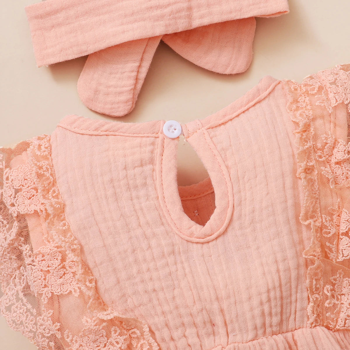 Baby Girl Lace Flared Sleeve Summer Romper with Headband
