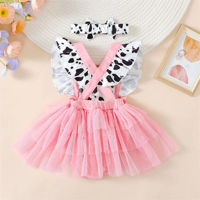 Baby Girl Cow Print Tulle Onesie With Headband  0-24M