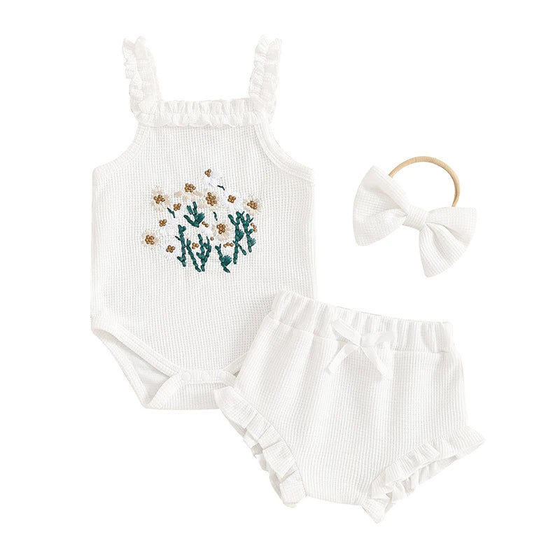 Flower Embroidered Sleeveless Romper Set With Headband