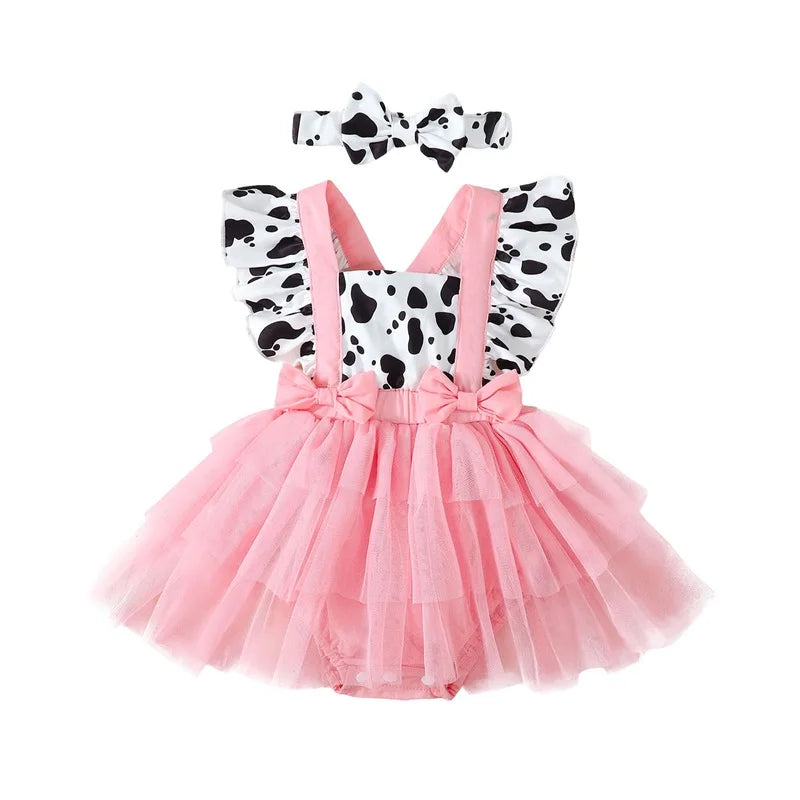 Baby Girl Cow Print Tulle Onesie With Headband  0-24M