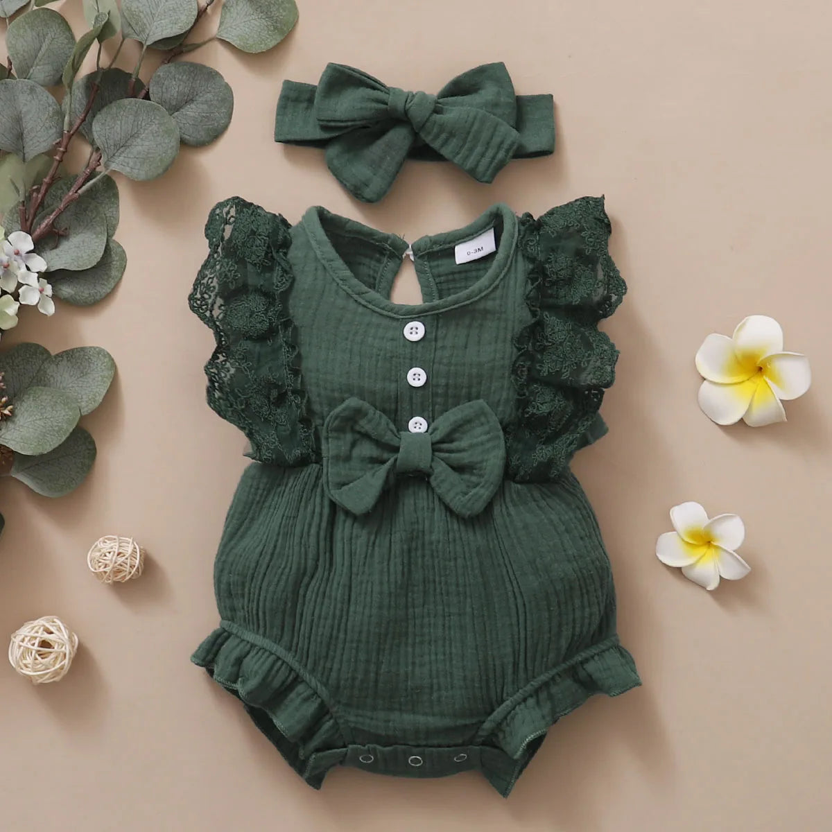 Baby Girl Lace Flared Sleeve Summer Romper with Headband