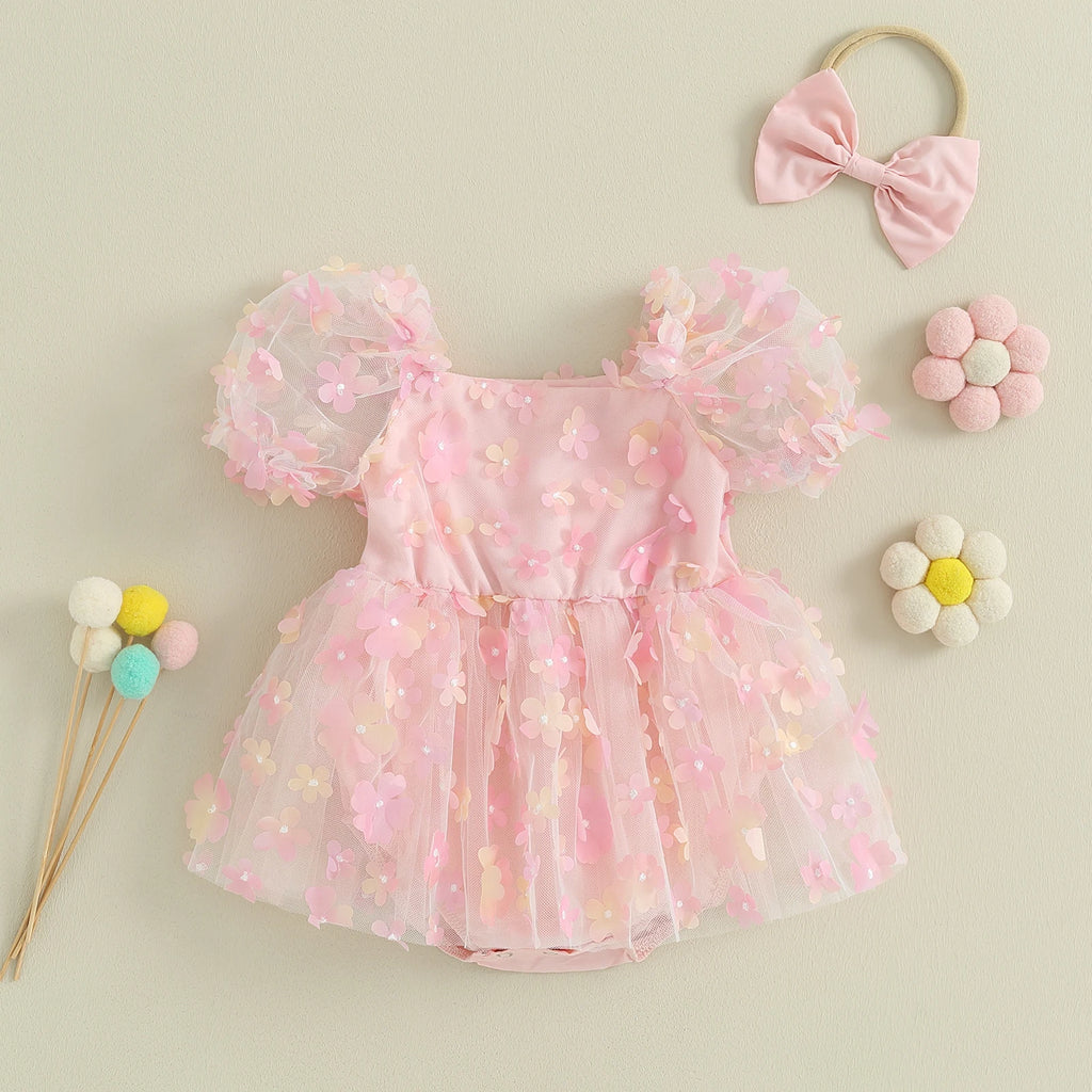 Baby Girl Princess Sweet Short Puff Sleeve 3D Flower Romper Mesh Dress with Headband Set 2Pcs Newborn- 18M