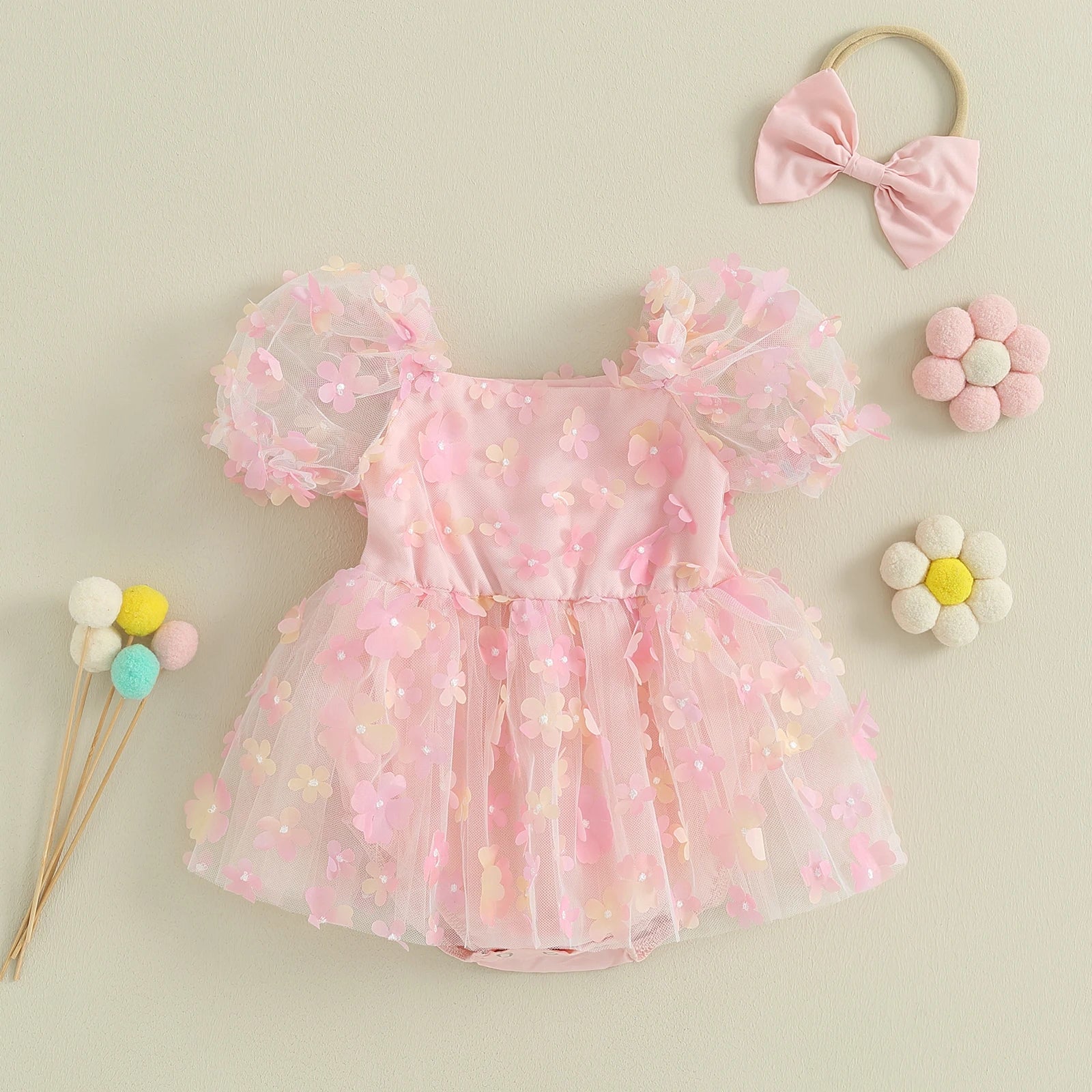 Baby Girl Princess Sweet Short Puff Sleeve 3D Flower Romper Mesh Dress with Headband Set 2Pcs Newborn- 18M