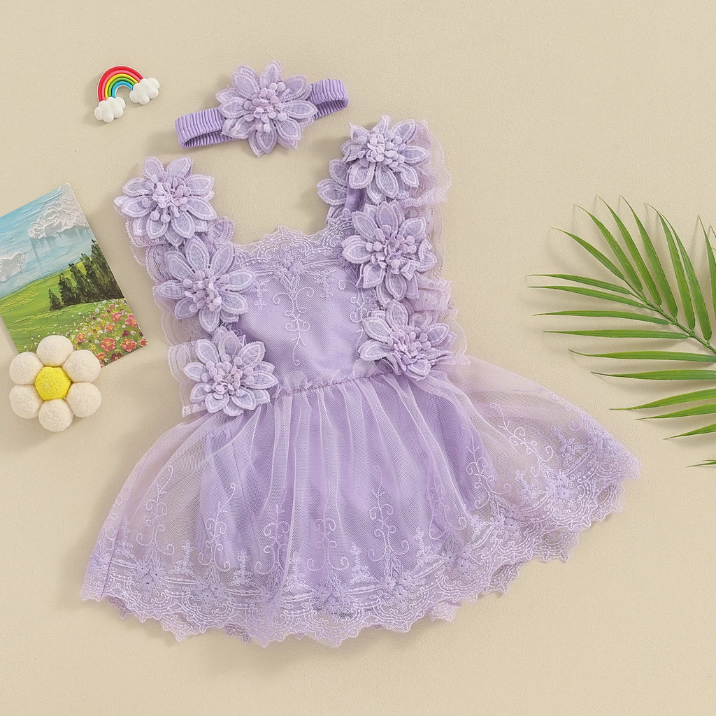 Baby Girl Floral Lace Jumpsuits with Head Band