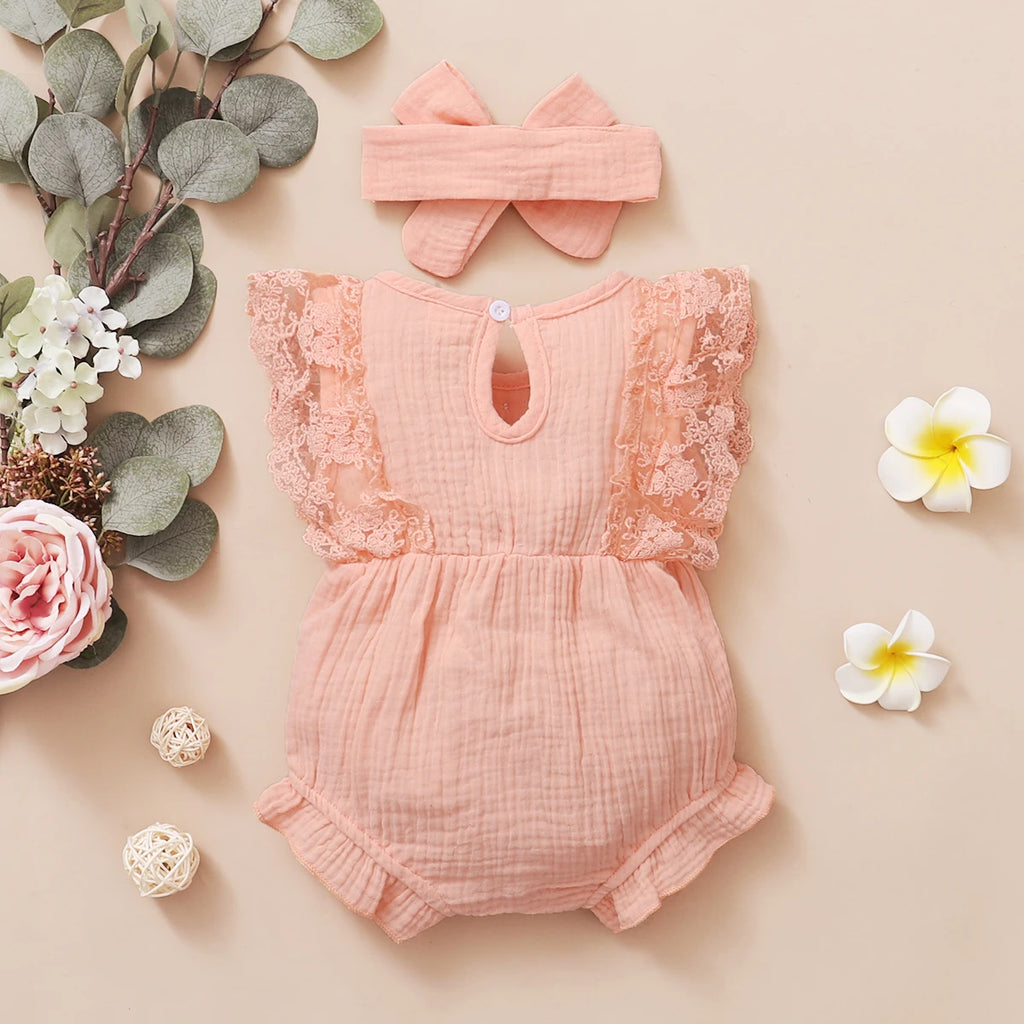 Baby Girl Lace Flared Sleeve Summer Romper with Headband