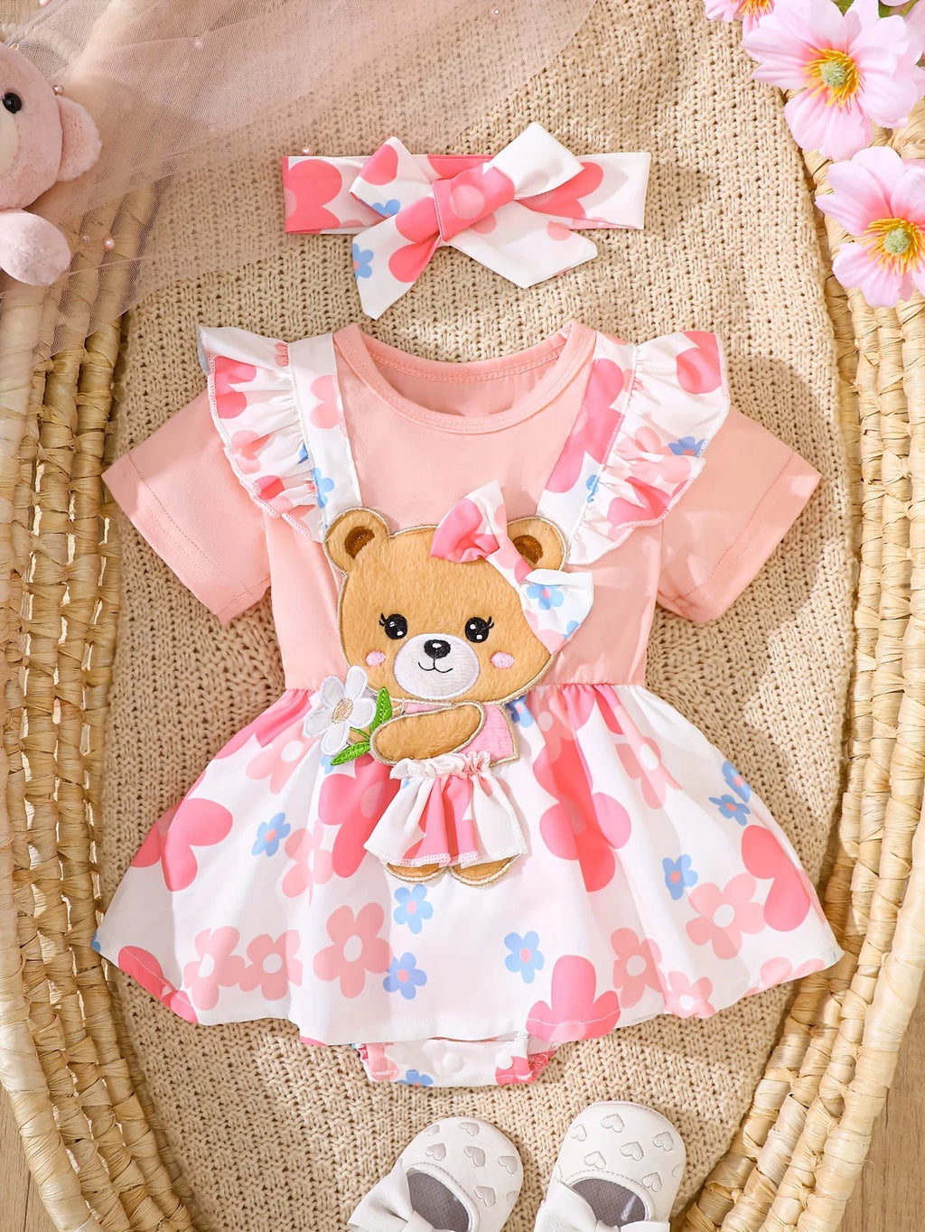 Baby Girl Two-Piece Floral Teddy Bear Set With Headband Newborn- 18M