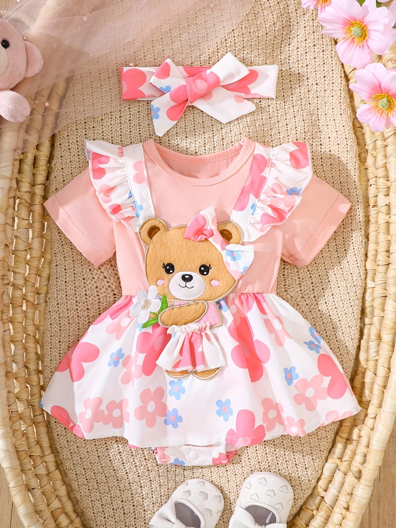 Baby Girl Two-Piece Floral Teddy Bear Set With Headband Newborn- 18M