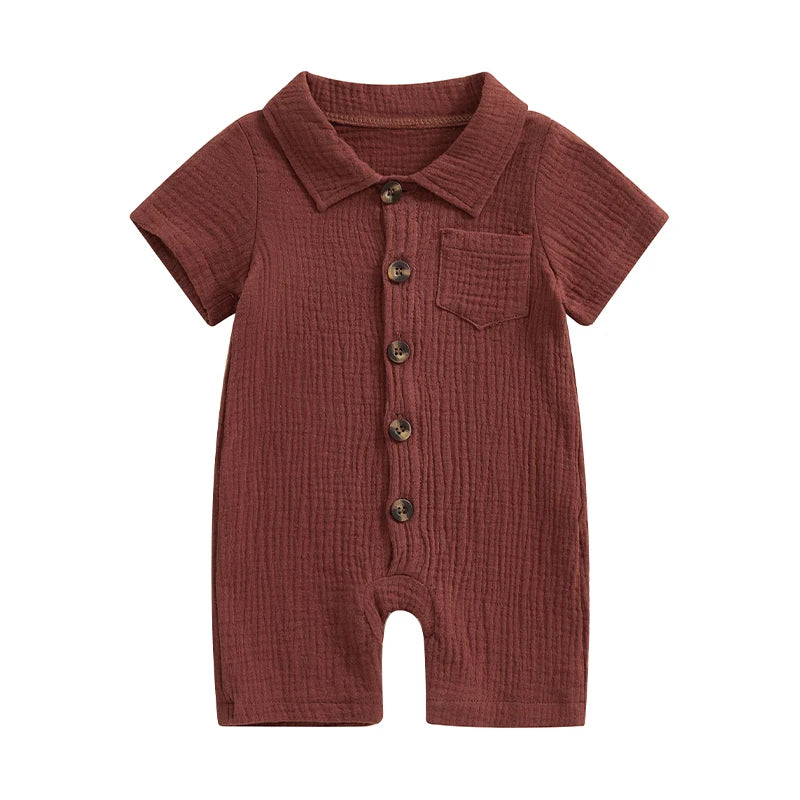 Boys Solid Cotton Linen Pocket Short Sleeve Button Jumpsuits