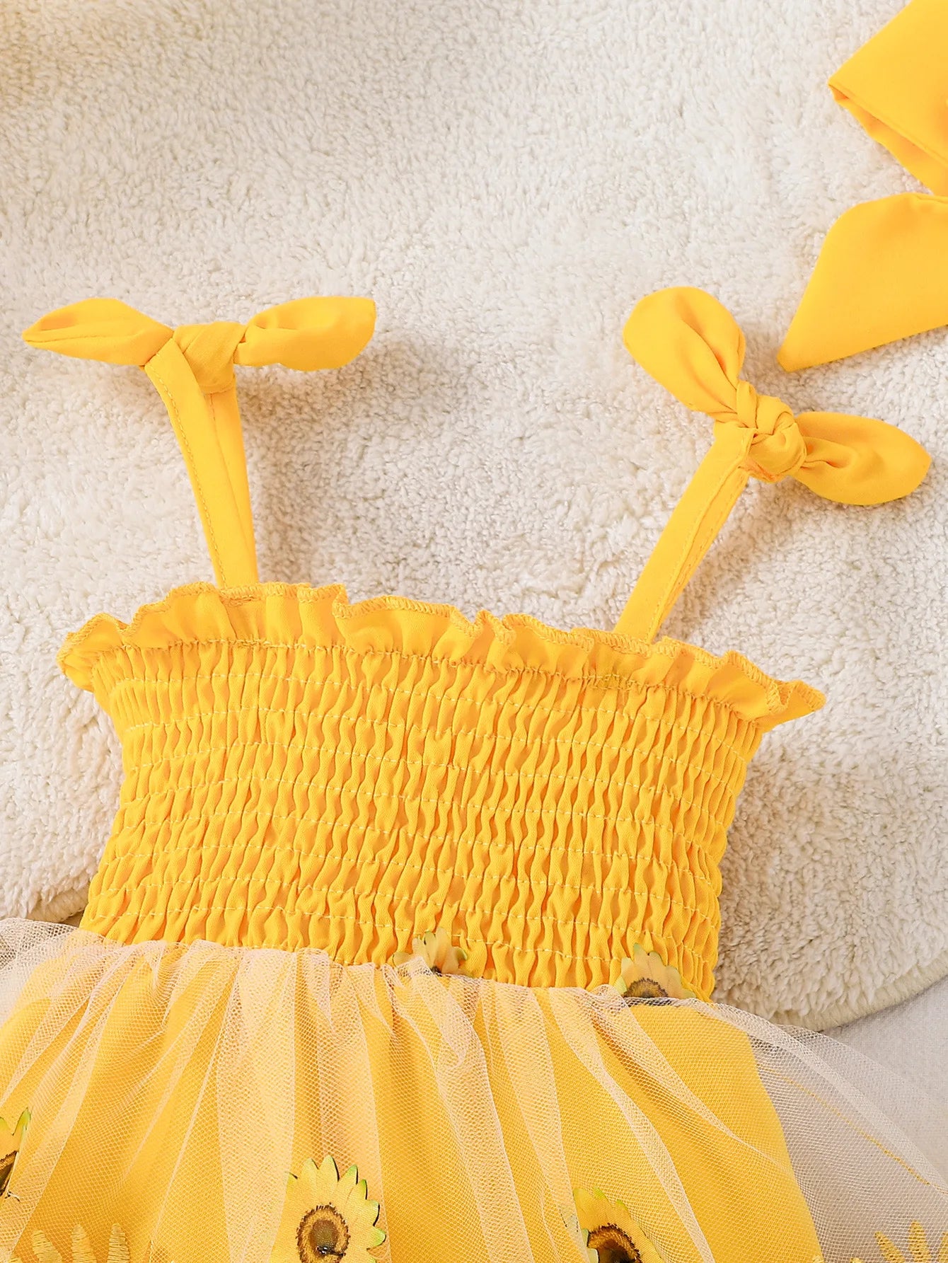 Baby Girl Sunflower Embroidered Tutu Dress Set with Yellow Bow Headband