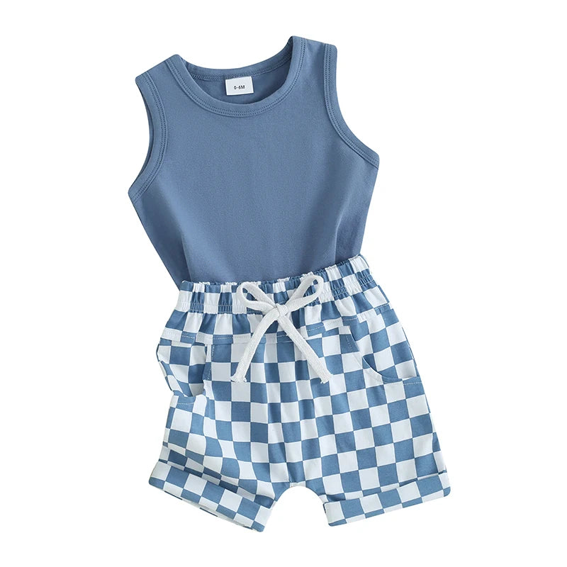 Boy Clothes Sleeveless Tank Top Checkered Shorts 2 Piece Outfit 3M- 3T