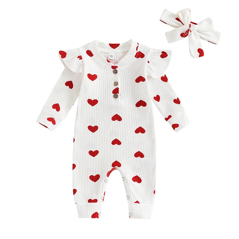 Baby Girl Knitted Long Sleeve Heart Print Jumpsuit with Headband