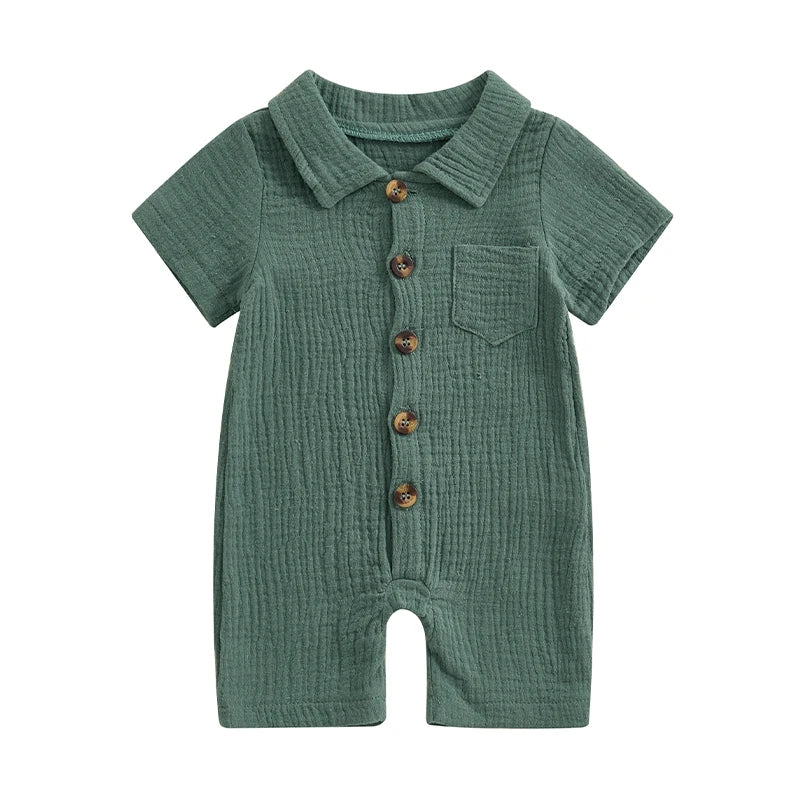 Boys Solid Cotton Linen Pocket Short Sleeve Button Jumpsuits