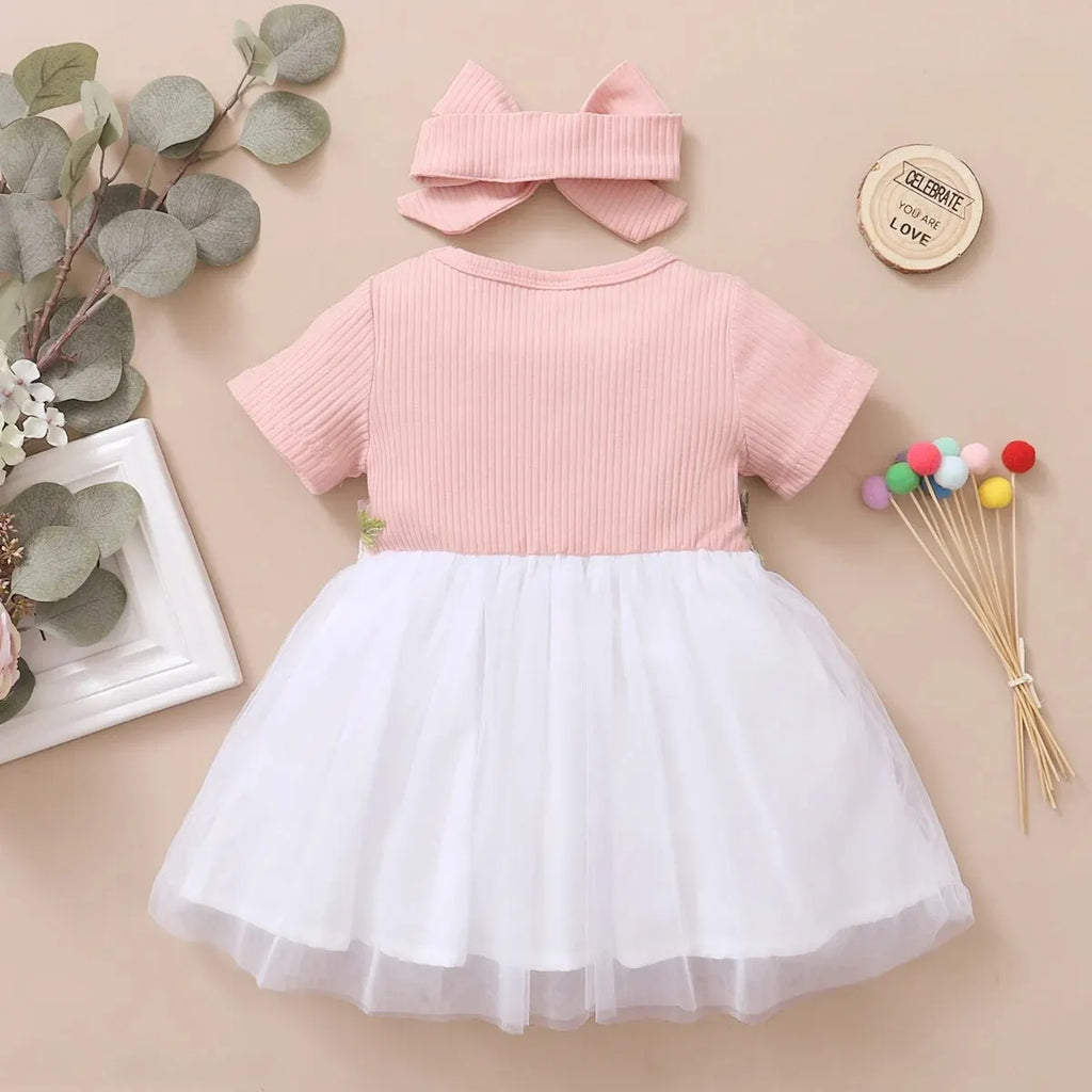 Baby Girl Embroideried Dress With Tulle and Matching Headband