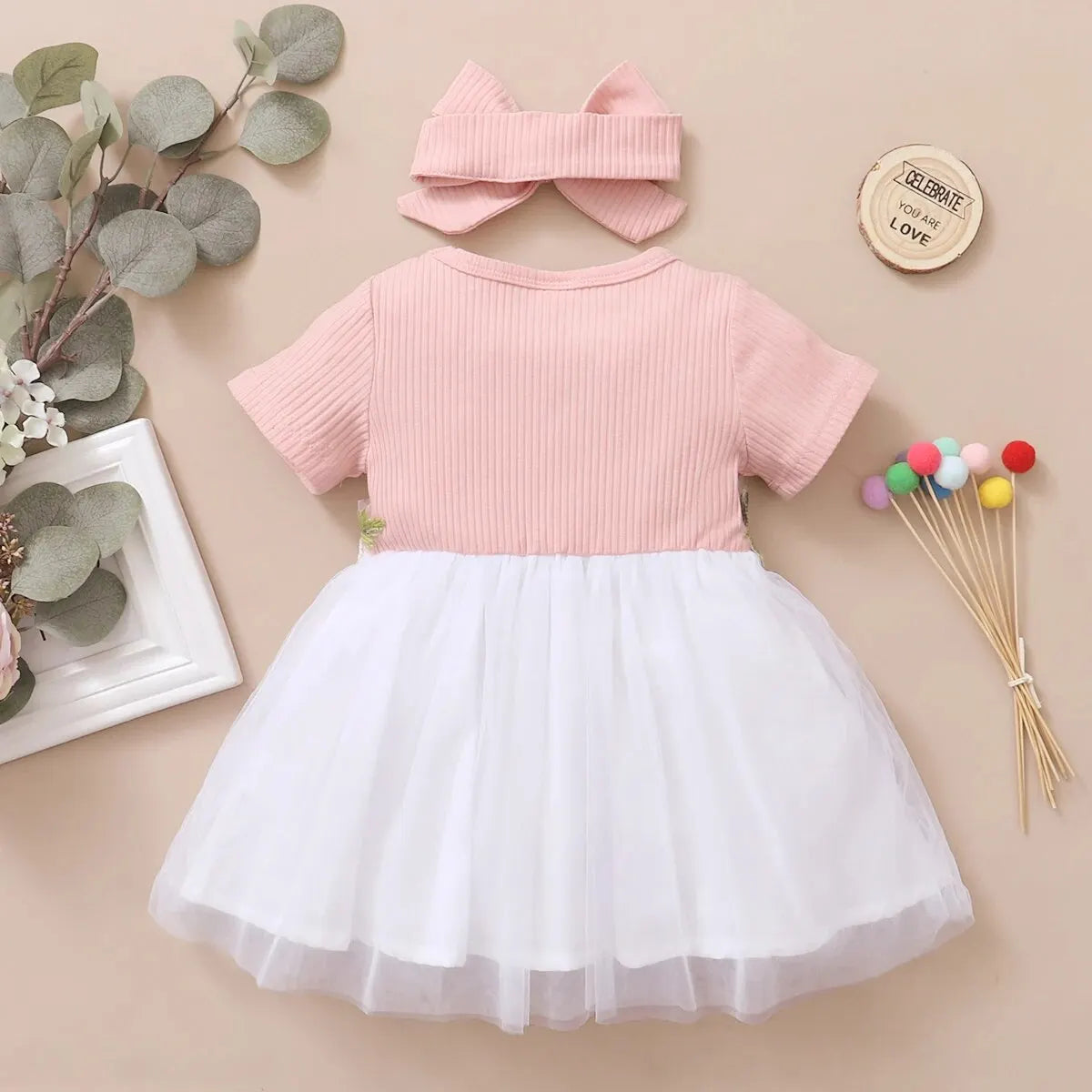 Baby Girl Embroideried Dress With Tulle and Matching Headband