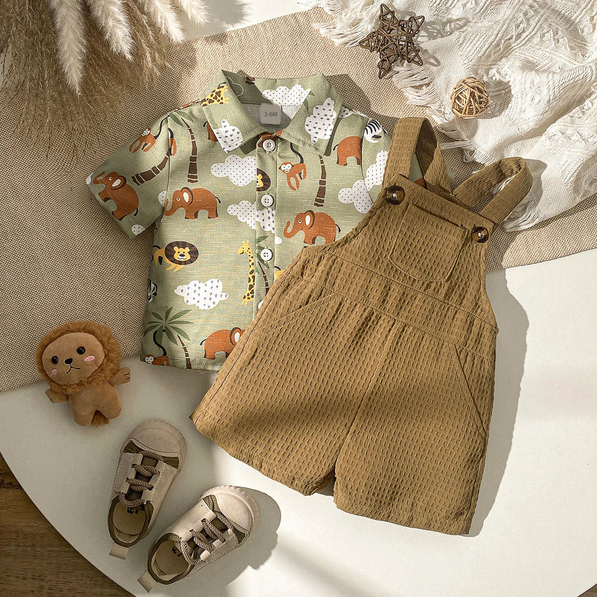 Baby Boys Short Cartoon Animal Top+ Suspenders Set