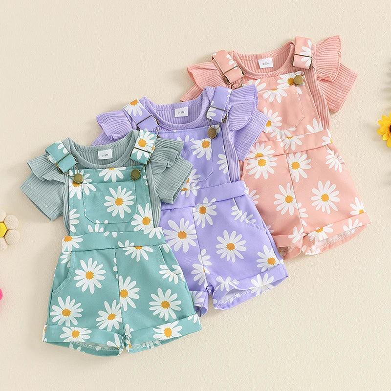 Girls Short Sleeve Romper with Flower Print Suspender Shorts Set  3M-18M