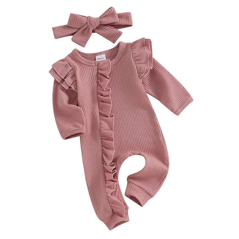 Girls Solid Color Waffles Jumpsuits With Headbands Newborn- 12M