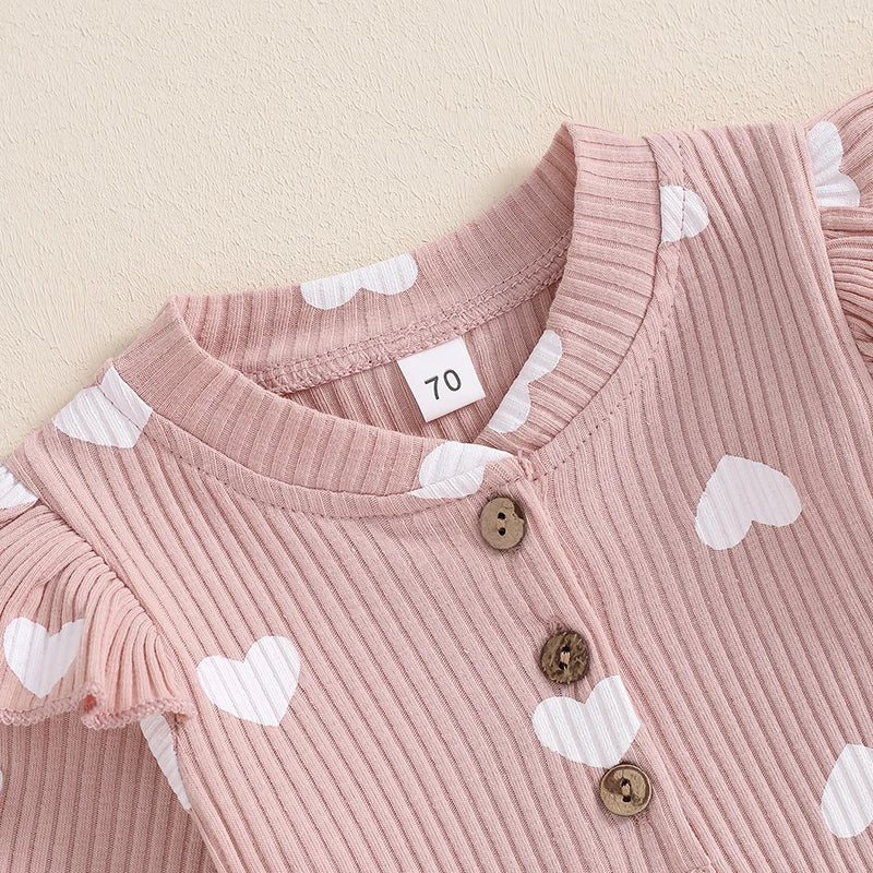 Baby Girl Knitted Long Sleeve Heart Print Jumpsuit with Headband