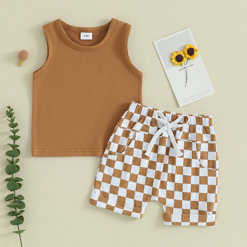 Boy Clothes Sleeveless Tank Top Checkered Shorts 2 Piece Outfit 3M- 3T
