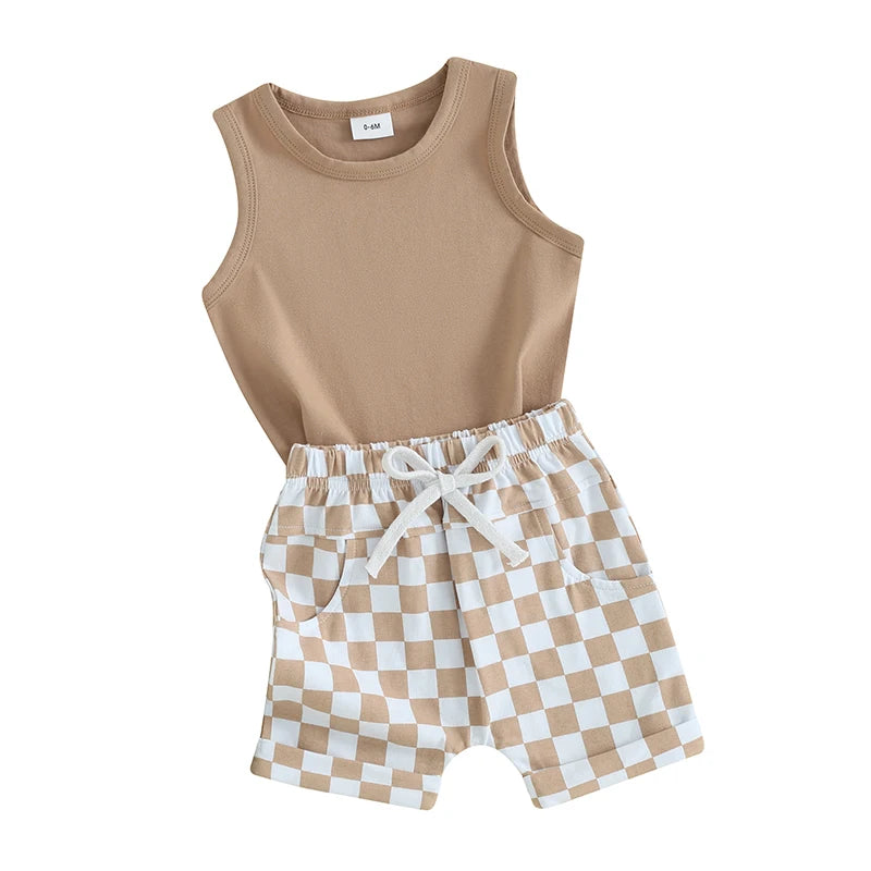 Boy Clothes Sleeveless Tank Top Checkered Shorts 2 Piece Outfit 3M- 3T