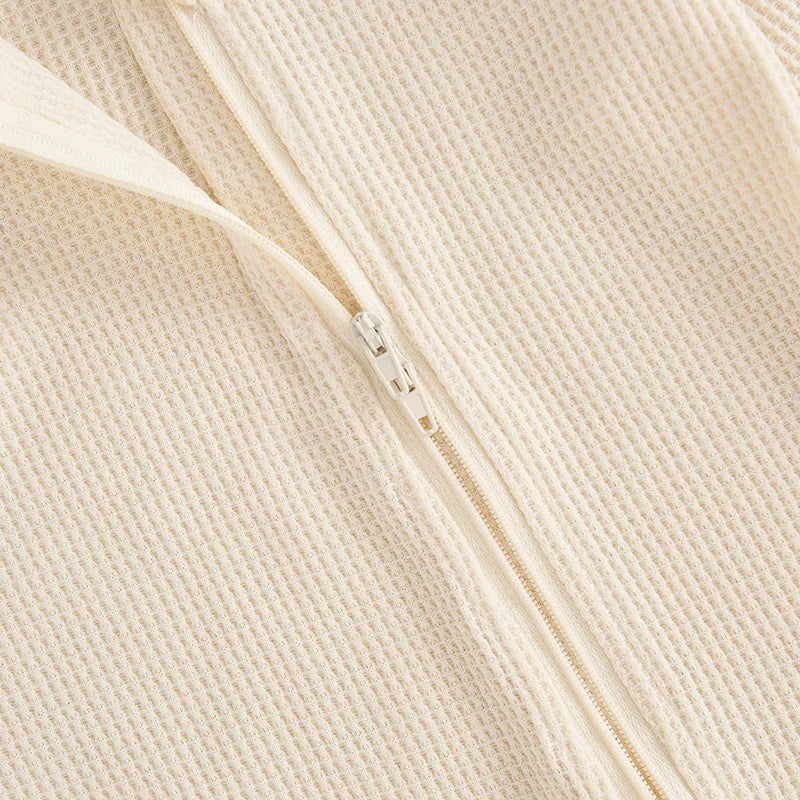 Newborn Baby Fall Footed Romper Solid Color Waffle Long Sleeve Crew Neck Zipper Jumpsuit with Hat