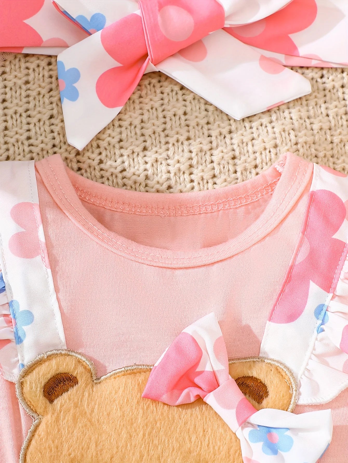 Baby Girl Two-Piece Floral Teddy Bear Set With Headband Newborn- 18M