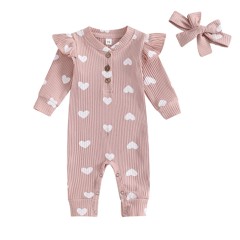 Baby Girl Knitted Long Sleeve Heart Print Jumpsuit with Headband