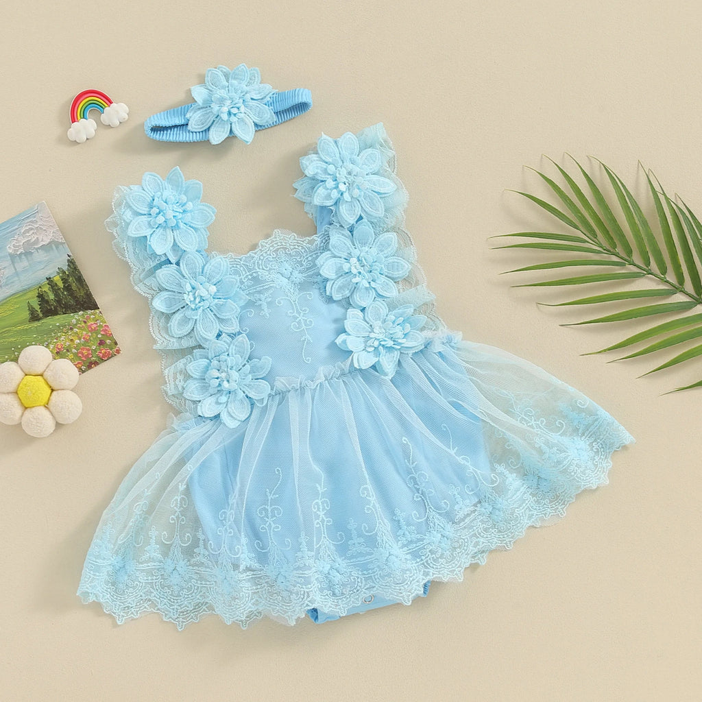 Baby Girl Floral Lace Jumpsuits with Head Band