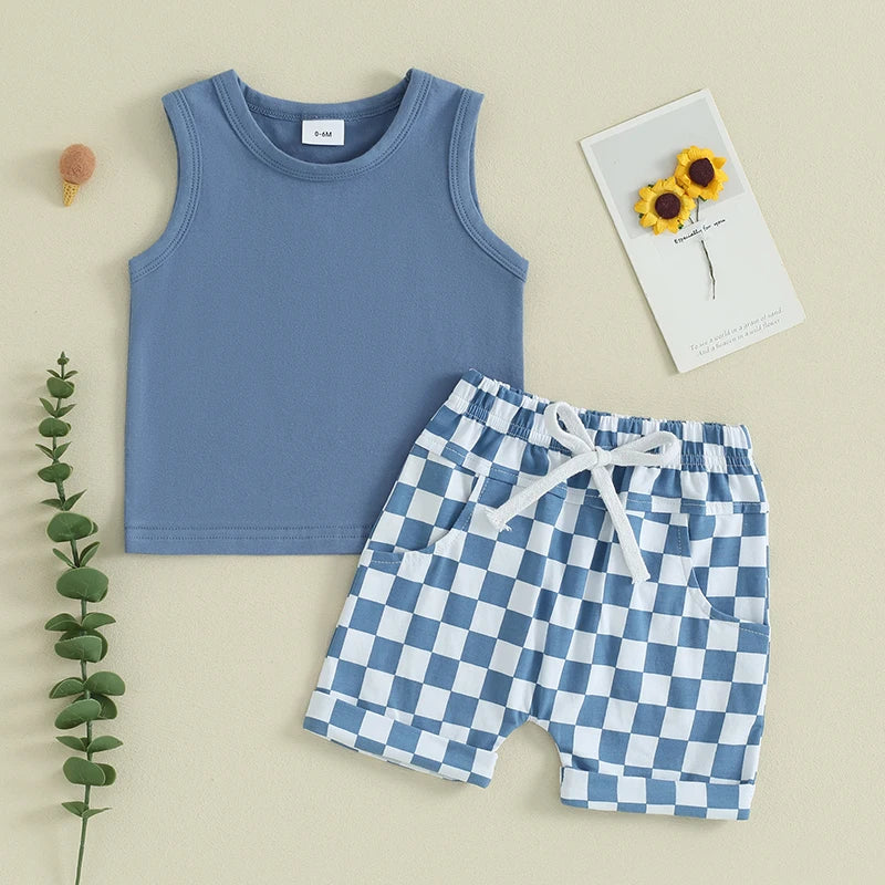 Boy Clothes Sleeveless Tank Top Checkered Shorts 2 Piece Outfit 3M- 3T