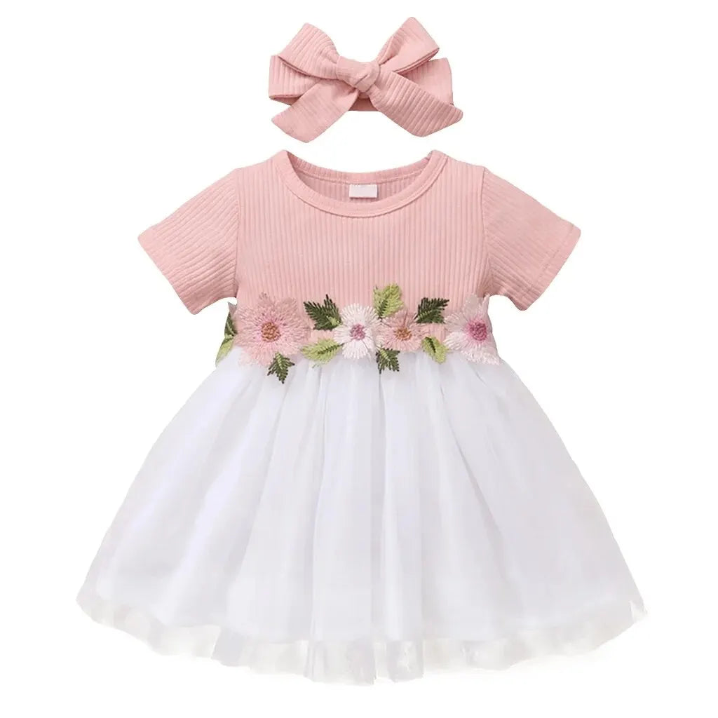 Baby Girl Embroideried Dress With Tulle and Matching Headband