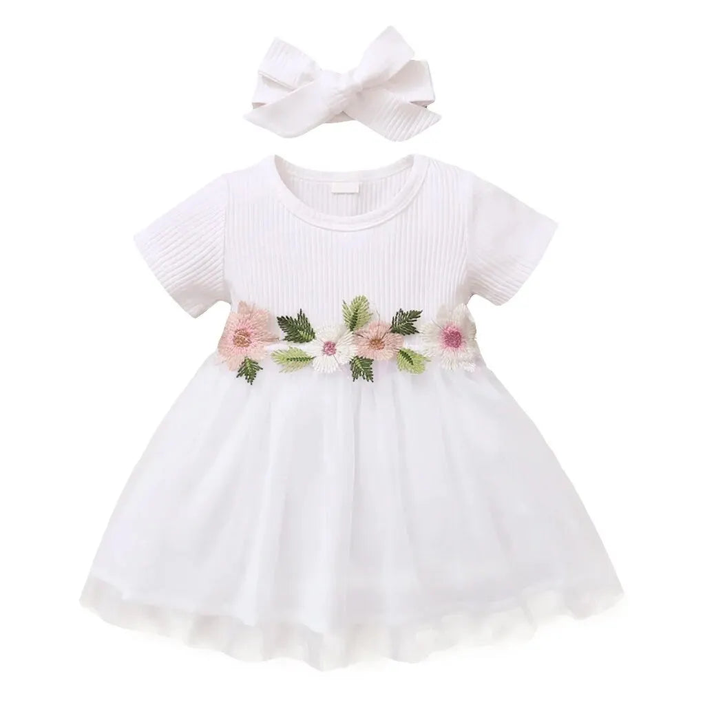 Baby Girl Embroideried Dress With Tulle and Matching Headband