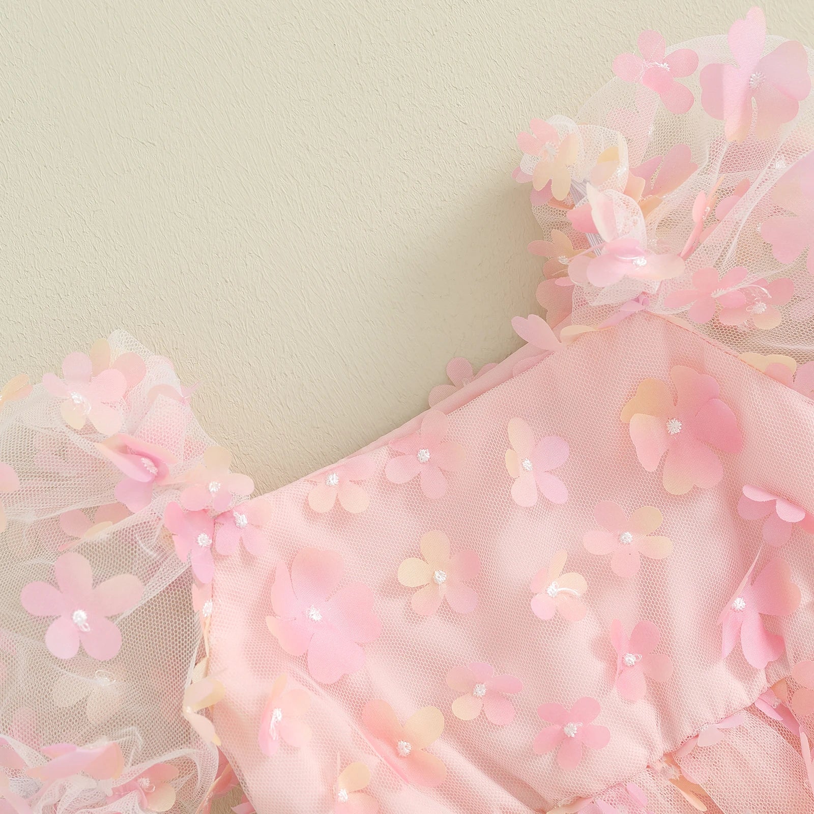 Baby Girl Princess Sweet Short Puff Sleeve 3D Flower Romper Mesh Dress with Headband Set 2Pcs Newborn- 18M