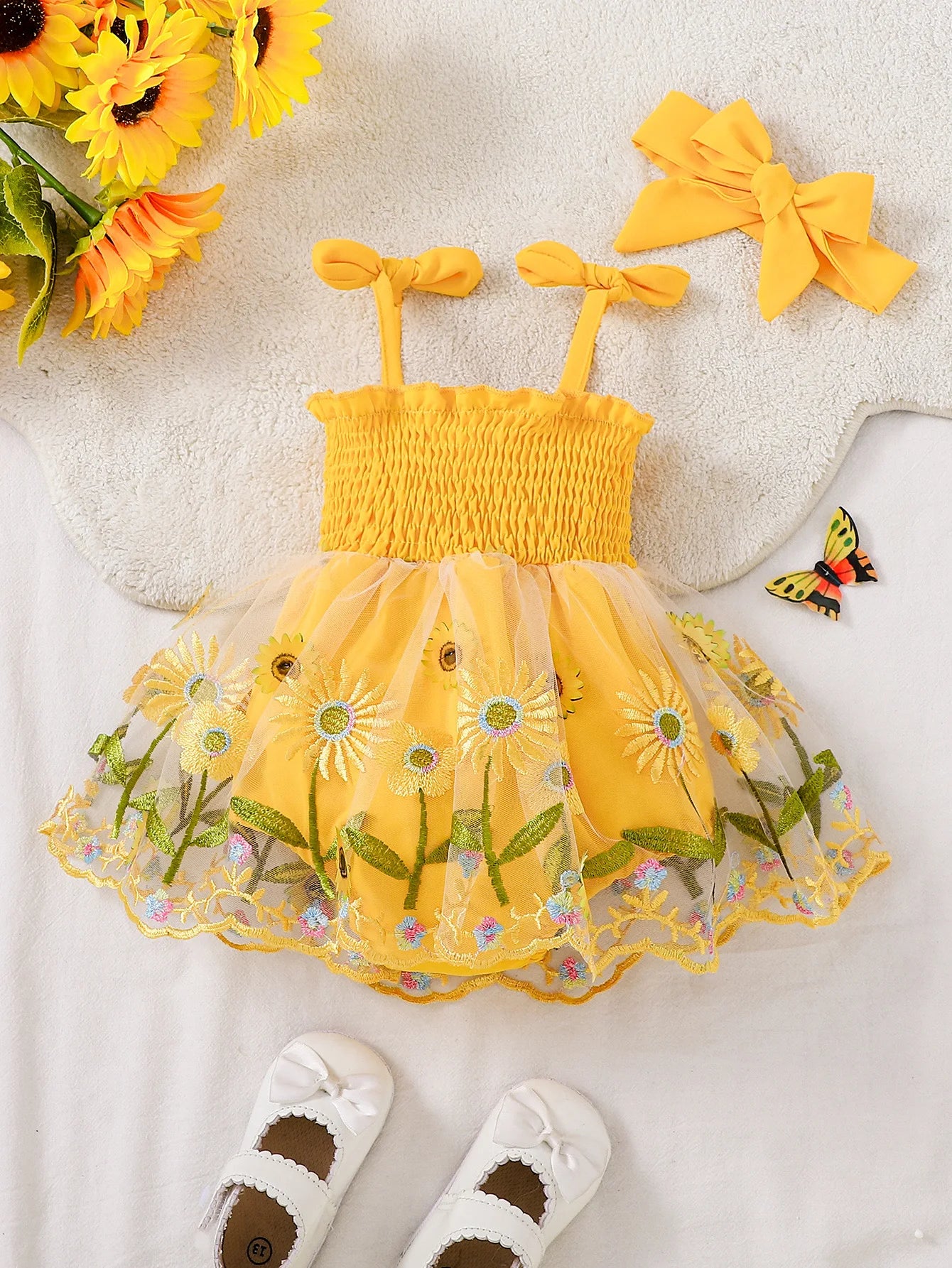 Baby Girl Sunflower Embroidered Tutu Dress Set with Yellow Bow Headband