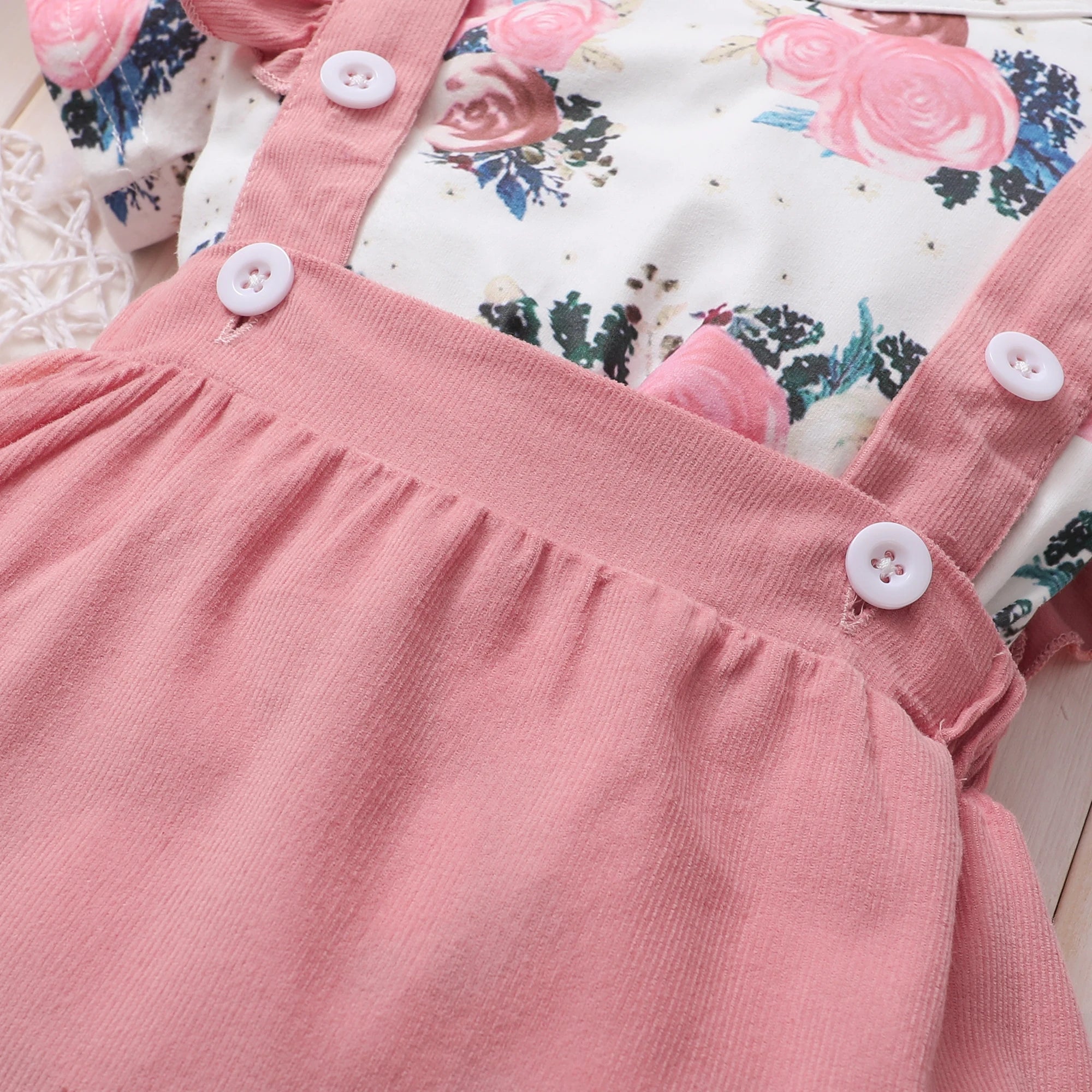 Baby Girl Dress Short Sleeves Floral Bodysuit + Suspender Skirt + Headband 3PCS Outfit