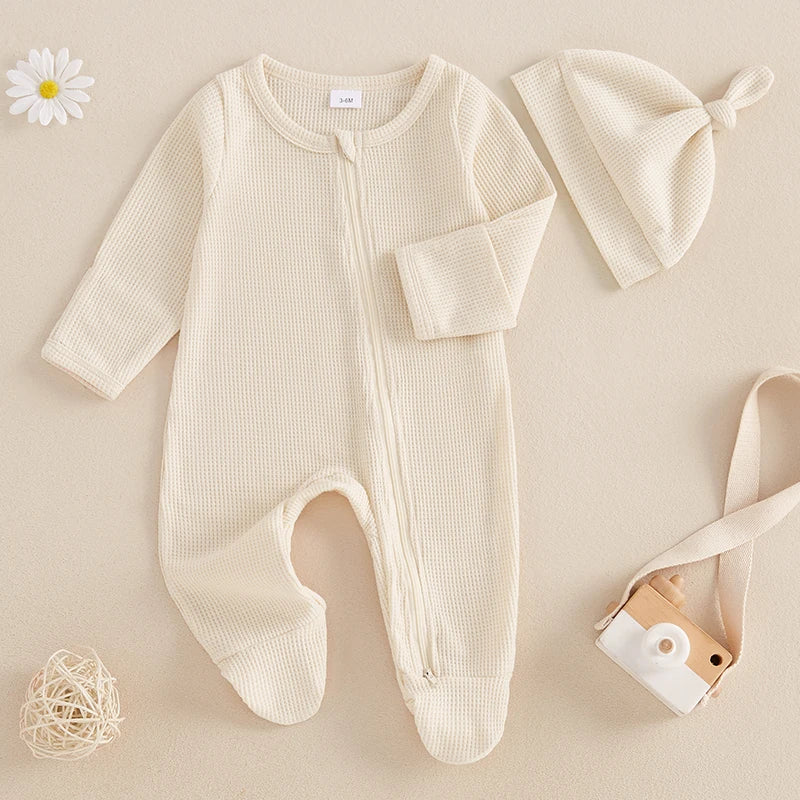 Newborn Baby Fall Footed Romper Solid Color Waffle Long Sleeve Crew Neck Zipper Jumpsuit with Hat