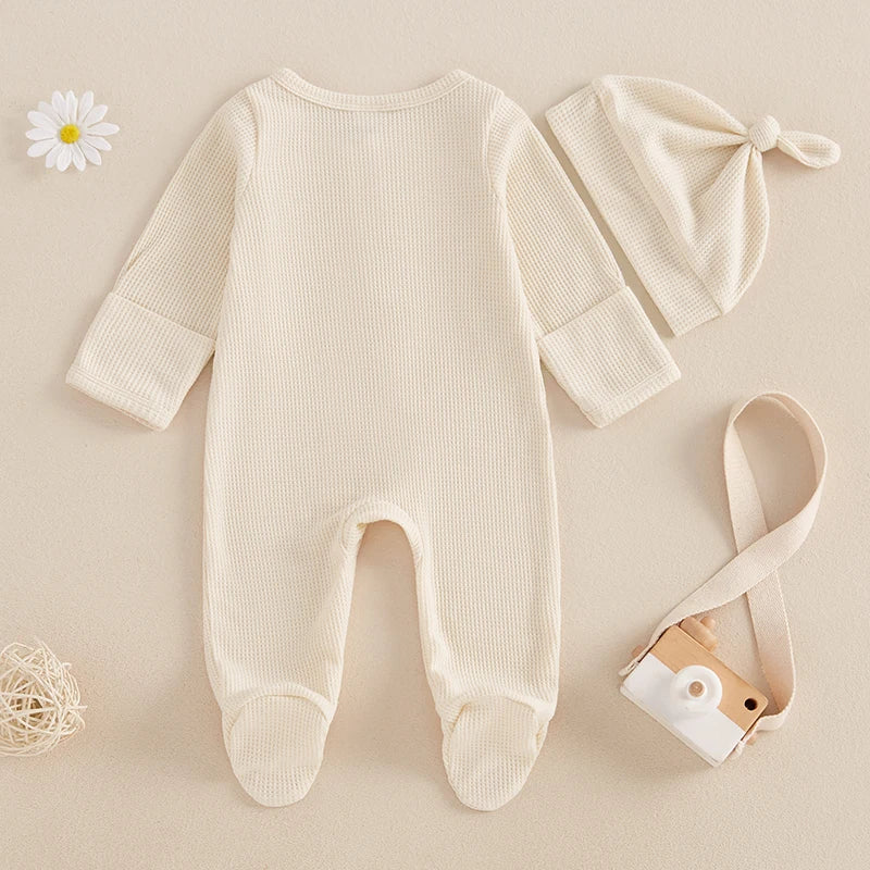 Newborn Baby Fall Footed Romper Solid Color Waffle Long Sleeve Crew Neck Zipper Jumpsuit with Hat