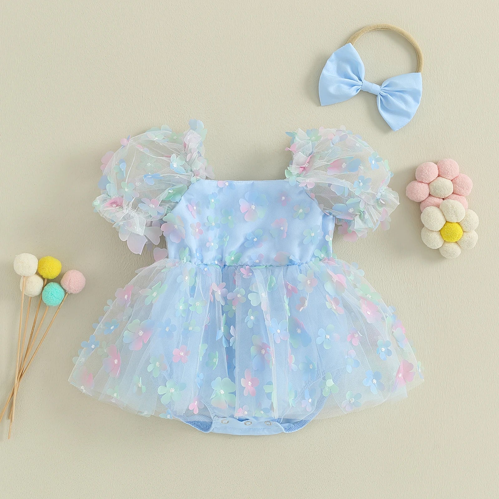 Baby Girl Princess Sweet Short Puff Sleeve 3D Flower Romper Mesh Dress with Headband Set 2Pcs Newborn- 18M