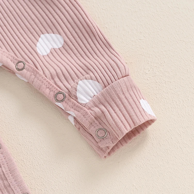 Baby Girl Knitted Long Sleeve Heart Print Jumpsuit with Headband