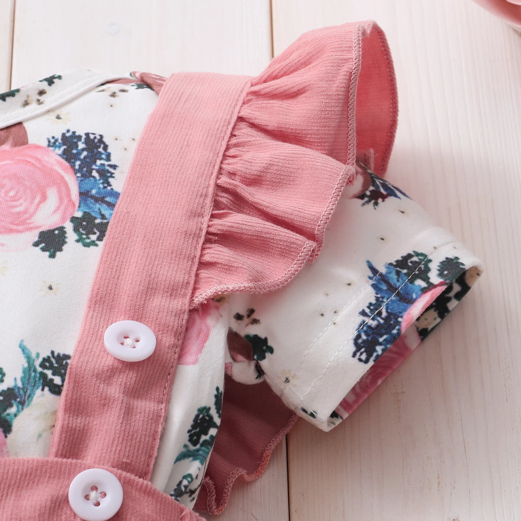 Baby Girl Dress Short Sleeves Floral Bodysuit + Suspender Skirt + Headband 3PCS Outfit