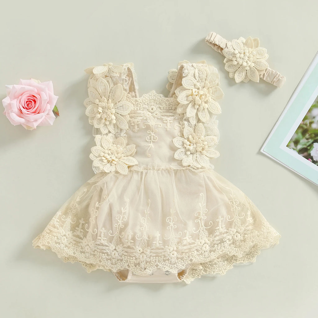 Baby Girl Floral Lace Jumpsuits with Head Band