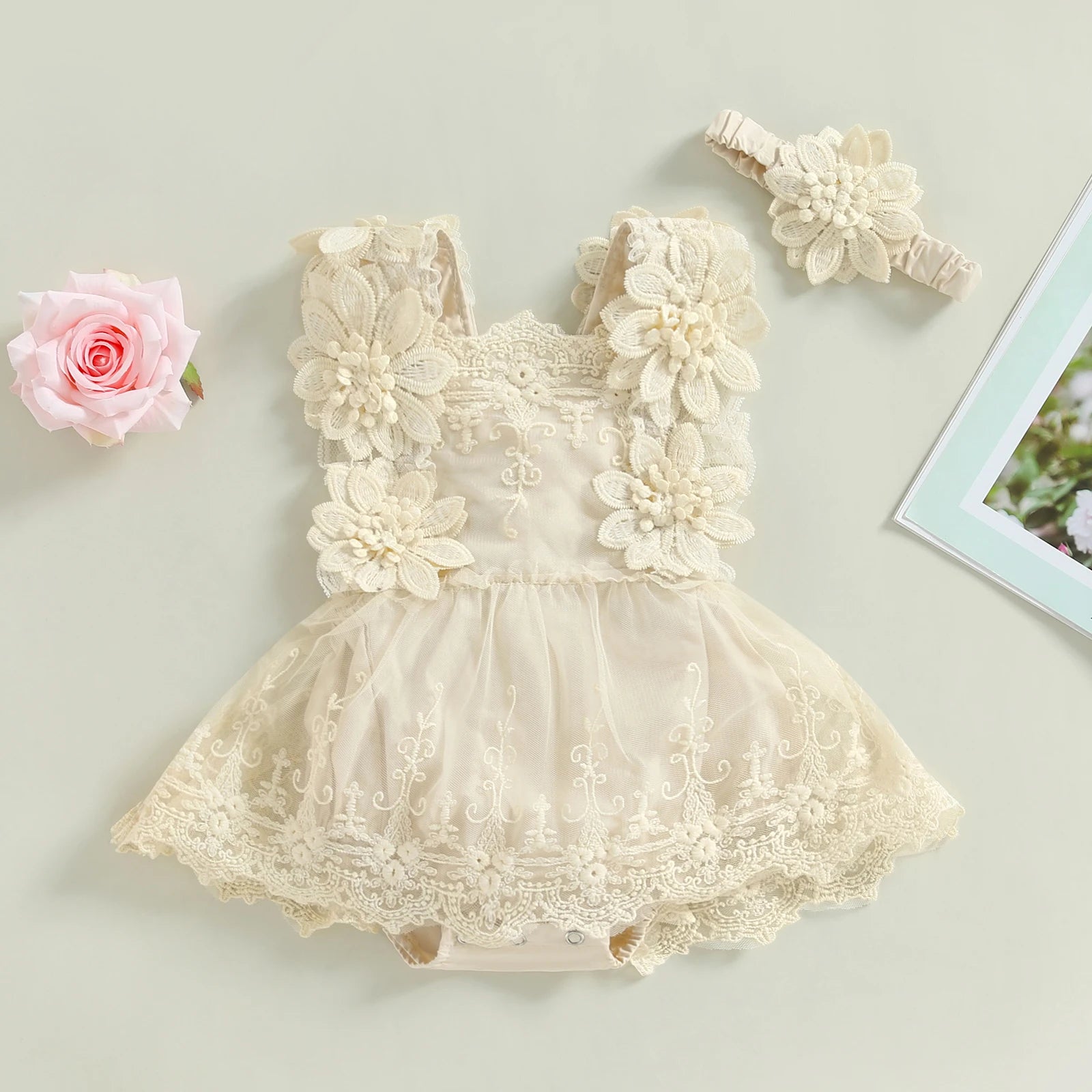 Baby Girl Floral Lace Jumpsuits with Head Band