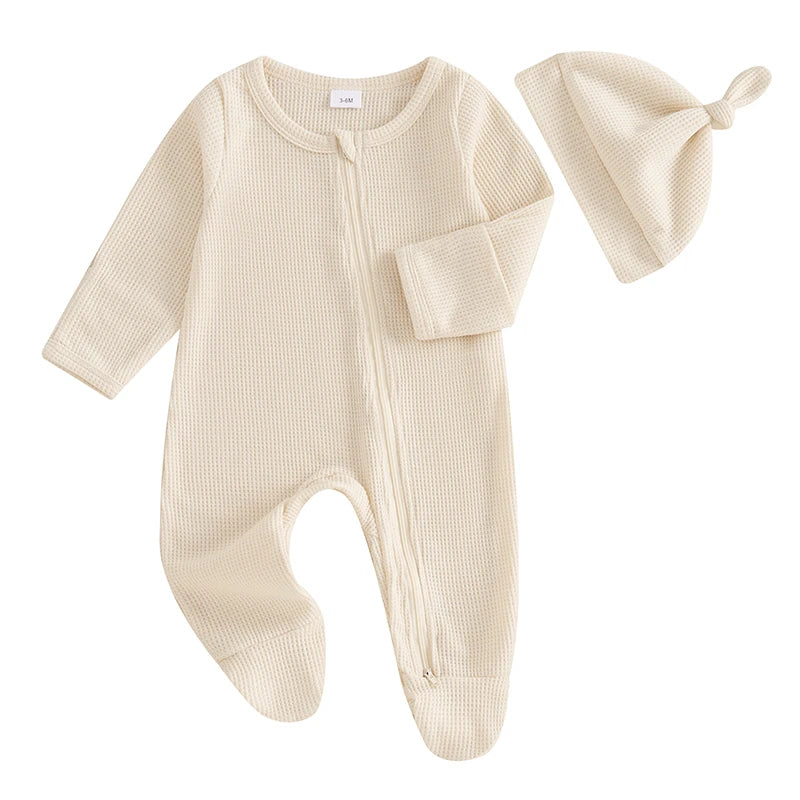 Newborn Baby Fall Footed Romper Solid Color Waffle Long Sleeve Crew Neck Zipper Jumpsuit with Hat